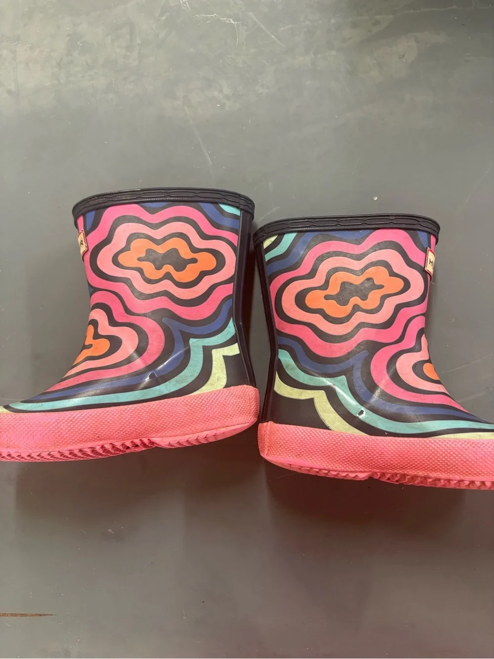 Hunter Kids Navy Multicolor Swirl Rain Boots with Pink Sole Uk 5